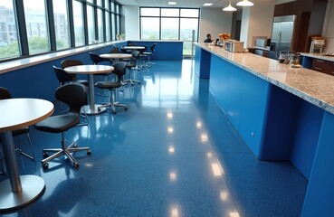 Aufkleber - Modern office cafeteria with blue epoxy flooring granite countertops. Stainless steel appliances. Tables chairs, natural light, office space design. Contemporary interior. Perfect for lunch break.