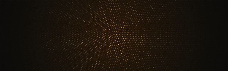 Wall Mural - halftone gold background. glitter golden circle particles on dark wallpaper with elegant radial ligh