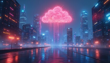 Poster - Futuristic cityscape with digital cloud computing above skyscrapers. Reflective wet road. Cyberpunk, neon lighting, data transfer concept. Hybrid cloud integration architecture design. Digital
