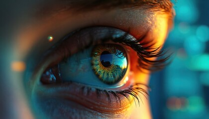 Poster - Eye reflecting computer screen with programming code. Close-up iris with digital technology, data visualization. Binary code, cyberspace, cyber security, IT industry concept.