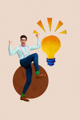 Poster - Vertical image sketch vertical collage of happy businessman businesswoman stand plasticine light bulb idea finding illumination
