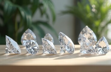 Poster - Collection of lab-grown diamond shapes displayed round princess emerald pear. Different cuts reflecting light, ideal for ring design. Jewelry, gifts, store, romantic, wedding.