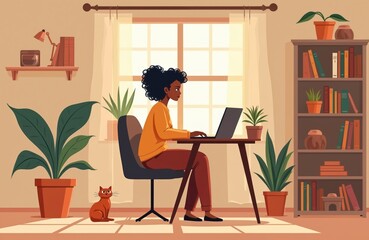 Aufkleber - Woman works home office with laptop. Cartoon illustration freelancer sitting at desk, houseplants, cat. Online study, distant work, creative space, comfortable workplace. Cozy room, sunlight,