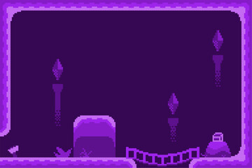 Poster - Purple Tone, Pixel Art Style Dark Cave Interior with Treasure Chest, Side view Background
