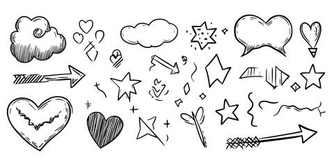 Poster - Hand drawn doodle sketch style hearts arrows stars clouds speech bubbles decorative elements collection vector illustration with grunge accents