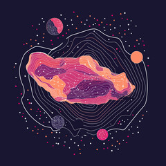 Poster - Abstract colorful contour map with starry space elements and circular shapes representing planets on dark background vector illustration