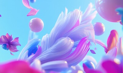 Poster - Abstract pastel swirls, spheres, flowers, light blue background, digital art, website banner