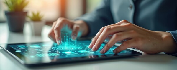 Aufkleber - Businesswoman working on tablet, DMS software. Digital Media Server, archiving electronic docs, tracking, storage. Data management, online access. Modern tech interface, hologram, data visualization,
