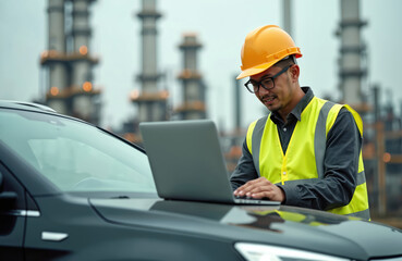 Aufkleber - Asian man petrochemical engineer works at oil, gas refinery plant. Engineer uses laptop, wearing glasses yellow safety helmet, vest. Industry factory background. Industrial worker, manufacturing.