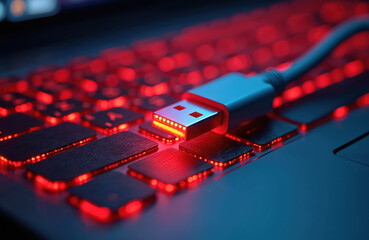 Poster - Red glowing USB cable on laptop keyboard. Data transfer connection, digital device port tech. Modern cyber network technology, interface, input output. Information processing.