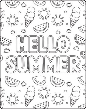 Hello summer with cute fruits and ice cream decorated black vector outline coloring page for kids and adults
