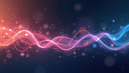 Poster - Abstract illustration features colorful flowing lines with sparkling particles on plain dark background. Design represents connection, network, technology. Art piece suits science, medical, modern