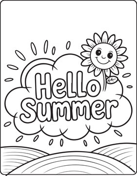 Hello summer with cute sun, sky and cloud vector line art for children coloring page design