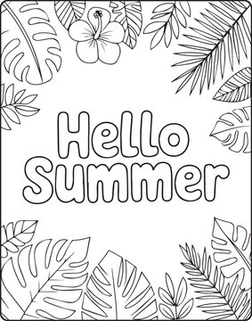 Hello summer with tropical leaves decorated coloring page for kids and adults