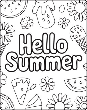Hello summer coloring page for kids with beautiful ice cream decorated vector line art illustration