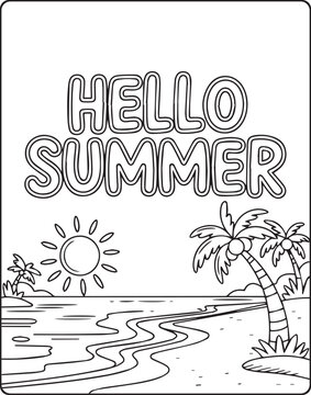 Hello summer with beautiful beach scenery vector outline coloring page for kids and adults