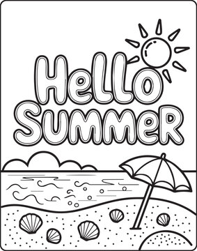 Hello summer with beautiful beach scenery vector outline coloring page for kids and adults