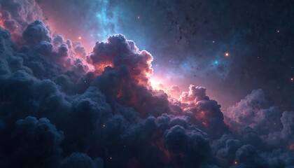 Poster - Cosmic nebula illustration in space. Gas dust clouds, nebula in outer space. Birth expansion of universe. Formation of stars planets from nebula. Galaxy stars, space background.