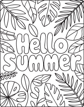 Hello summer with tropical leaves decorated coloring page for kids and adults