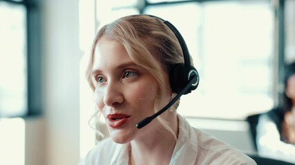 Poster - Smile, telemarketing and business woman at call center for sales, lead generation and coworking. Customer consultant, speaking and headset for outbound marketing, feedback or contact us in office