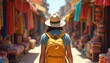© Pete - Solo traveler with backpack explores vibrant marketplace. Bright textiles, handmade goods, colors create exciting travel atmosphere. Journey through traditional culture. Street shopping for tourists.