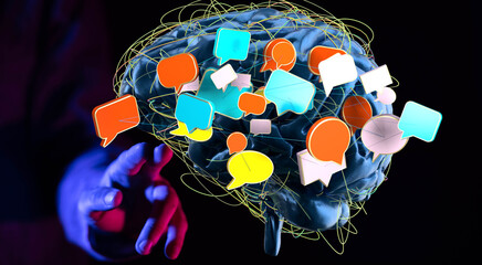 Aufkleber - Abstract image of a brain with colorful speech bubbles, representing communication, ideas, and thoughts.