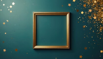 Poster - Gold frame on green wall with stars, sparkles confetti. Empty golden picture frame. New Year, Christmas, birthday festive background. Space for copy text. Celebration, party, holiday decor.