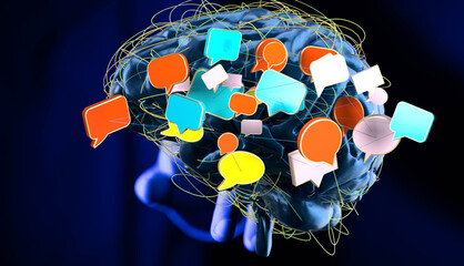 Poster - Abstract image of a brain with colorful speech bubbles, symbolizing communication, ideas, and thought processes.