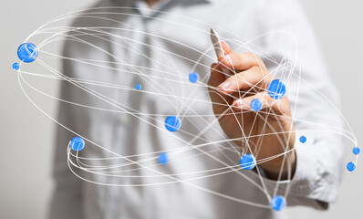 Aufkleber - Abstract image of a person connecting nodes in a network. Represents global communication, collaboration, and innovation.
