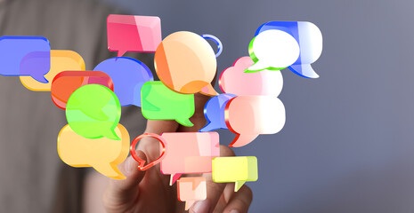 Poster - abstract image of colorful speech bubbles representing communication, dialogue, and social media.