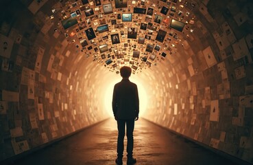 Poster - Young person stands in tunnel. Information, data, images explode from head. Overwhelming media overload concept, too much information, knowledge overload, mental health crisis, modern world. Abstract