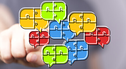Poster - Colorful puzzle pieces in speech bubbles represent teamwork, solutions, and communication.