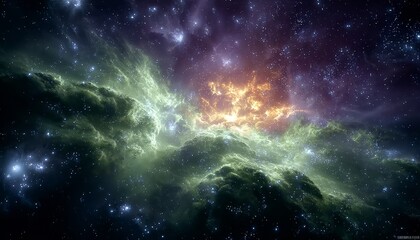 Wall Mural - celestial tapestry a cosmic dance of fiery nebulae, emerald greens, and twinkling stars