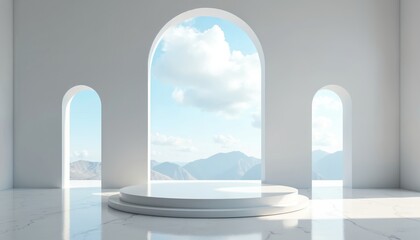 Aufkleber - Minimalist white product podium studio room with arches. Abstract design with sky windows, minimalistic interior. 3D render, product placement, design concept, modern, contemporary, advertising space.
