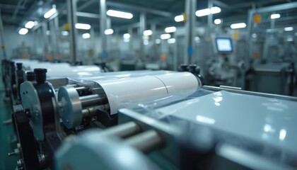Poster - Production line machinery packaging products in plastic film. Industrial automation equipment in modern factory. Automated process, logistics, manufacturing, supply chain, workflow, product handling,