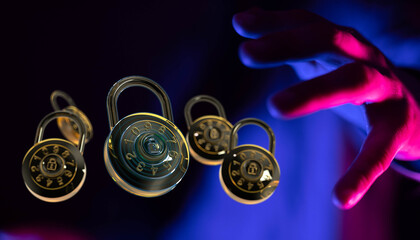 Poster - Abstract image of combination locks floating, hand reaching.  Data security, privacy, hacking concept.