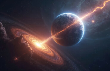 Poster - Illustration cosmic event. Earth observes distant quasar, radiating energy beam in space. Nebula, galaxy swirling around. Astrophysics exploration, extraterrestrial, stellar view from another world.