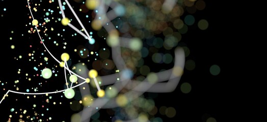 Colorful abstract background with glowing dots and lines, representing network connections or data flow.