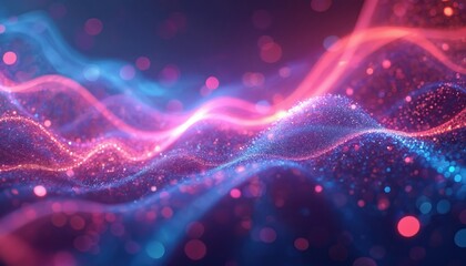 Poster - Dynamic abstract artwork of light trails, digital wave forms. Vibrant colors, blue, pink. High-tech futuristic background. Cyber space, digital data flow concept, information stream, artificial