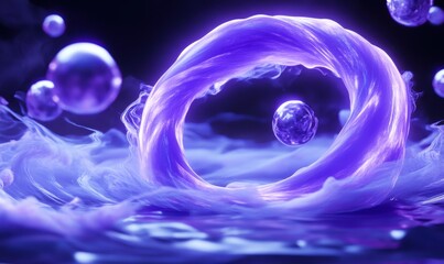 Poster - Purple energy swirl, spheres, smoke, dark background; abstract art, design element