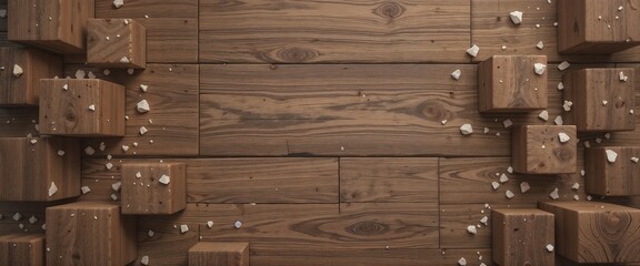 Fototapete - Wooden blocks protruding from a wood plank wall with white specks scattered around the surface area