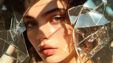 Poster - A young woman poses in front of fractured glass, sunlight illuminating her features. The interplay of shadows and light highlights her captivating expression