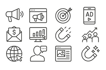 Aufkleber - Digital marketing icons representing advertising strategies for online engagement and audience targeting