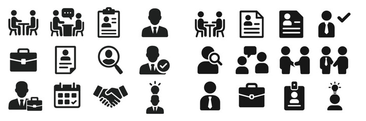 Aufkleber - Business meeting and recruitment activities depicted through various icons representing teamwork and decision-making processes