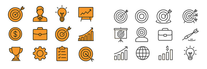 Aufkleber - Visual representation of business concepts featuring targets, growth metrics, and teamwork icons in a modern design style
