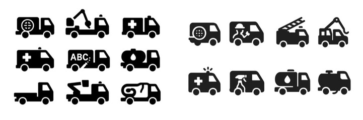 Poster - Collection of black and white vehicle icons depicting various emergency and service themes, suitable for educational design projects