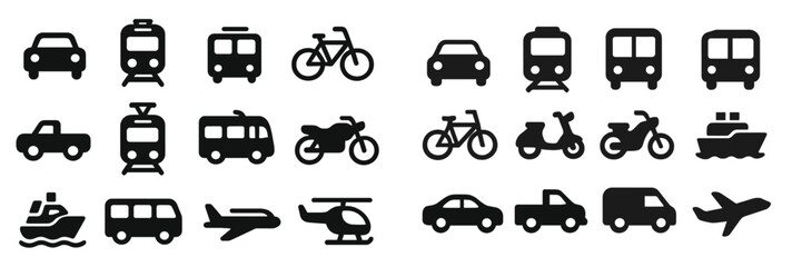 Aufkleber - Various modes of transportation illustrated in simple black icons representing urban mobility options from cars to airplanes