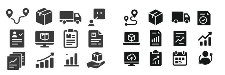 Poster - Different logistics and delivery icons representing various aspects of shipping, tracking, and inventory management in black and white design