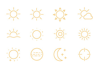Aufkleber - Collection of sun and moon icons showcasing various phases and styles in a minimalist design on white background