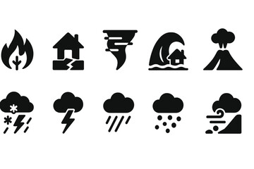 Poster - Various natural disaster icons representing fire, earthquake, tornado, flood, volcano, storm, and more in a simple black design